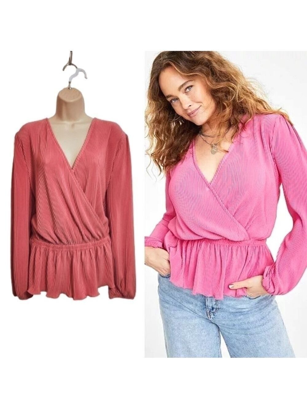 On 34th Pink Pleated Peplum Knit Top Extra Large